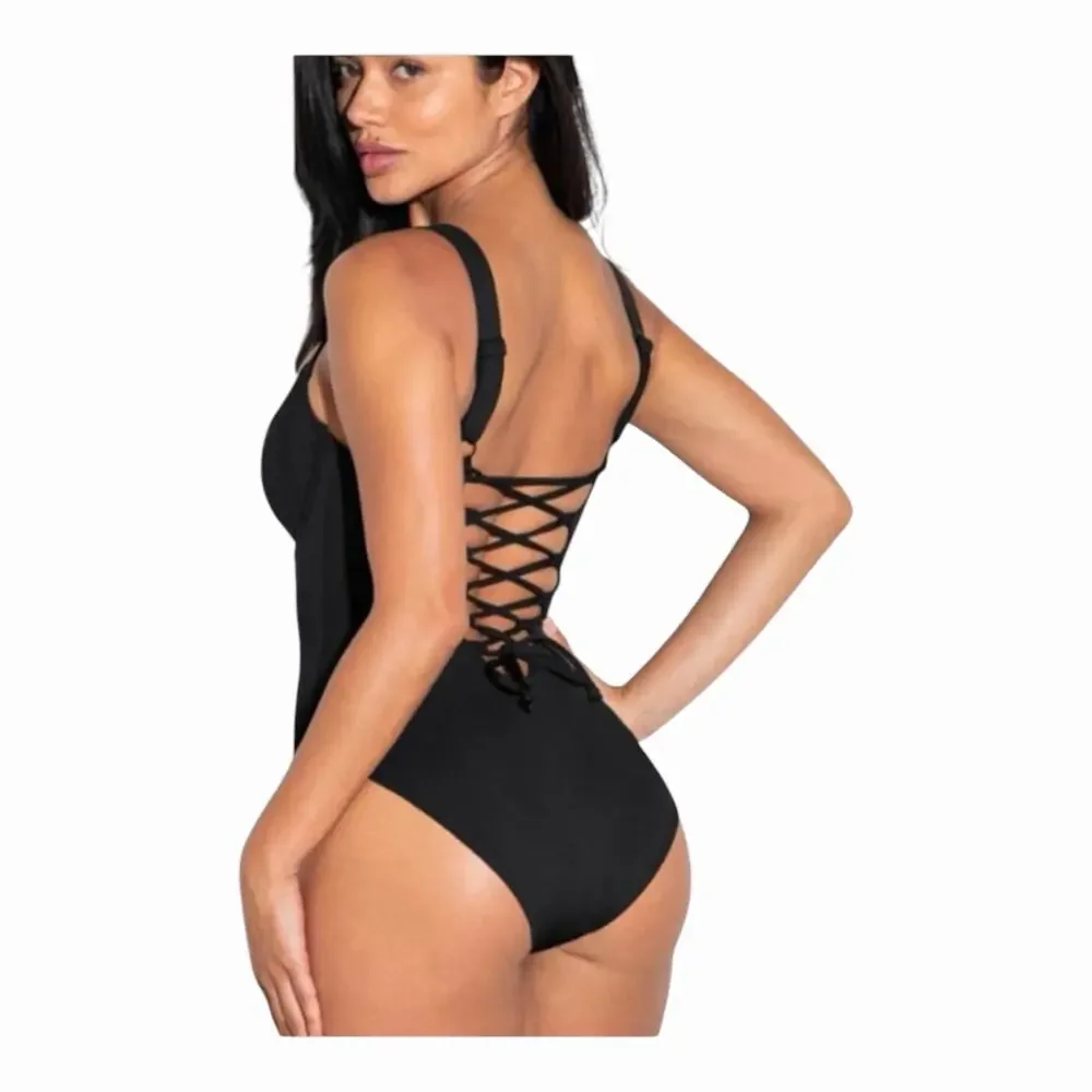TA3 Lifty One Piece Swimsuit Black Corset Sculpting Lace Back Size Small NWT